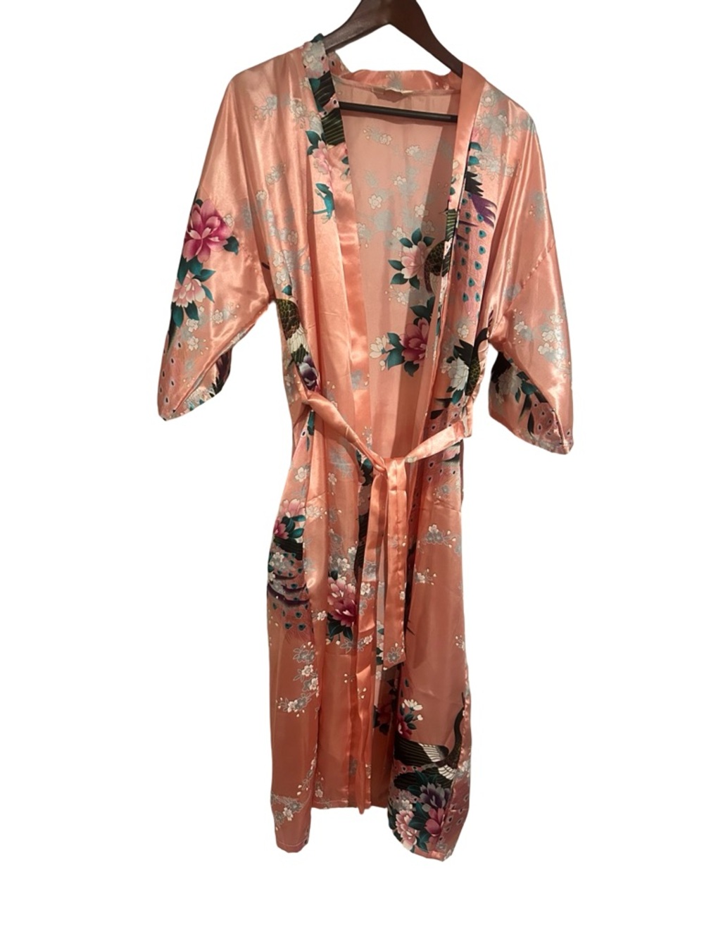 Peach Floral Satin Kimono Robe with Belt